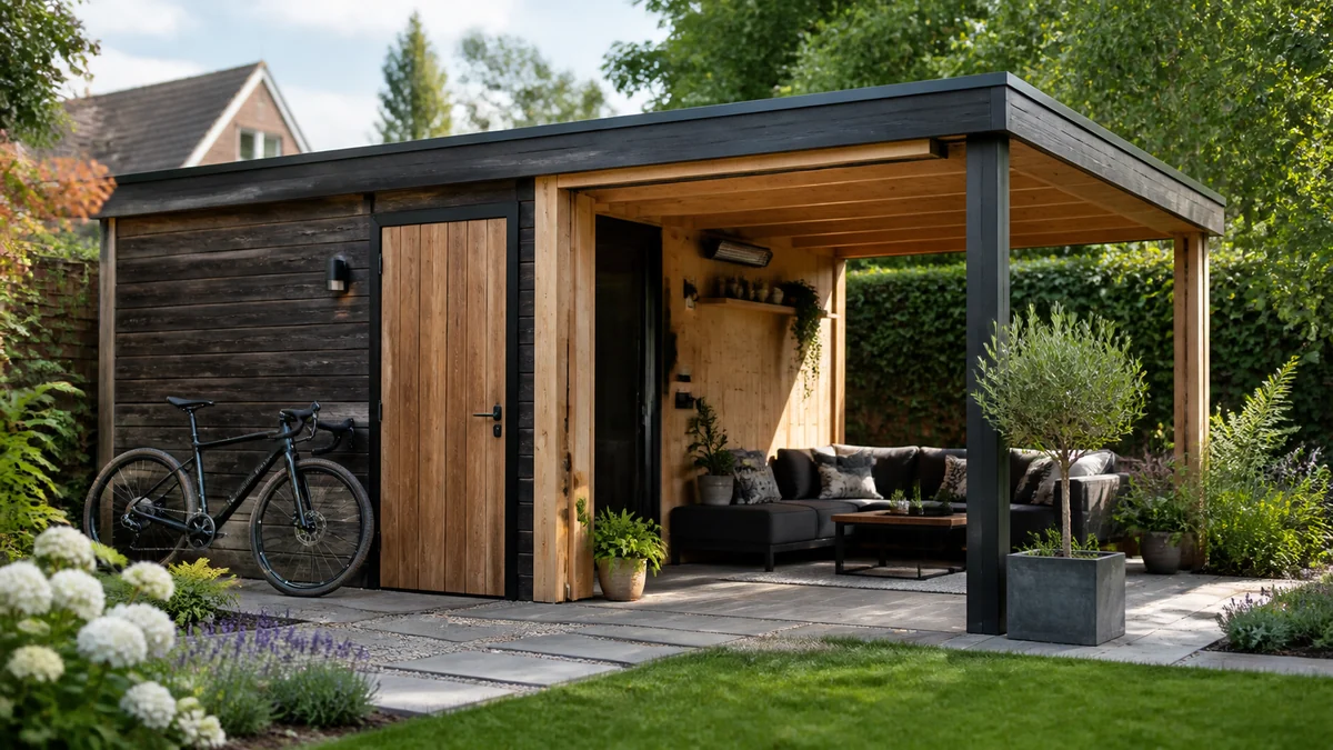 Modern houten tuinhuis met aangrenzende overdekte zithoek